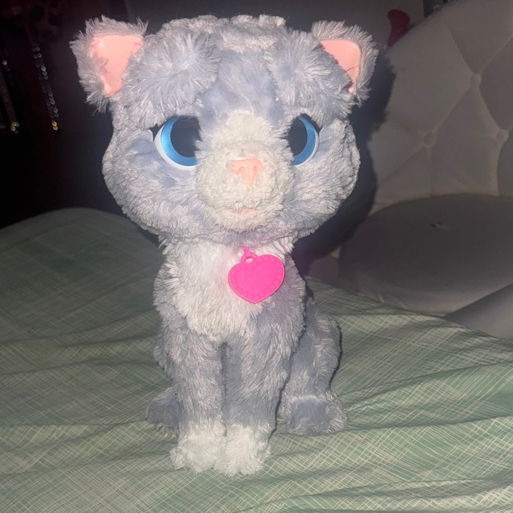 Plush Gray Cat Toy with Pink Collar